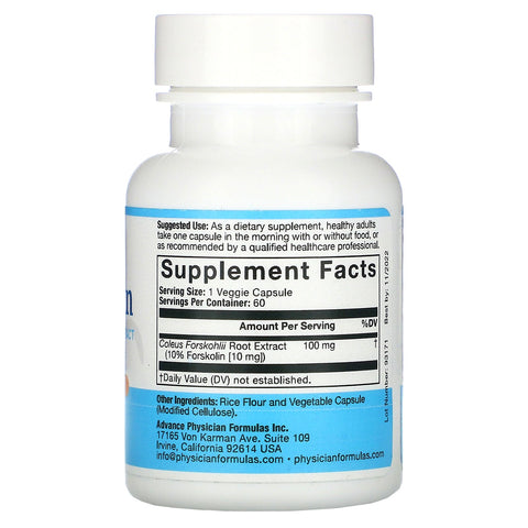 Advance Physician Formulas, forskolina, extracto de coleus forskohlii, 100 mg, 60 cápsulas vegetales