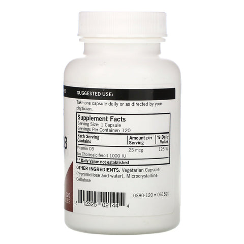 Kirkman Labs, vitamin D-3, 25 mcg (1.000 IE), 120 kapsler