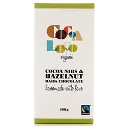 Cocoa Loco Organic F/T Cacao Nibs & Hazelnut Dark Chocolate Bar 100g