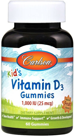 Carlson Labs, Kid's Vitamin D3 Gummies, 1000 IU Natural Fruit - 60 gummies
