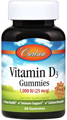 Carlson Labs, Vitamin D3 Gummies, 1000 IU Natural Fruit - 60 gummies