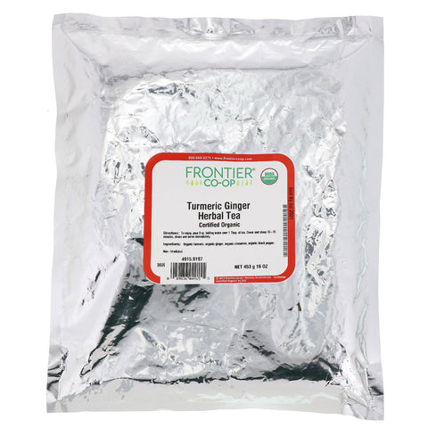 Frontier Natural Products, Té de hierbas con jengibre y cúrcuma certificado, 16 oz (453 g)