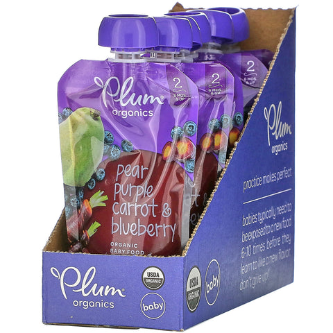 Plum Organics, Organic Baby Food, 6 Months & Up, Pear, Purple Carrot & Blueberry, 6 Pouches, 4 oz (113 g) Each