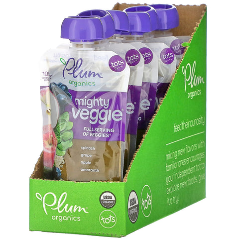 Plum Organics, Mighty Veggie, Spinach, Grape, Apple, Amaranth, 6 Pouches, 4 oz (113 g) Each
