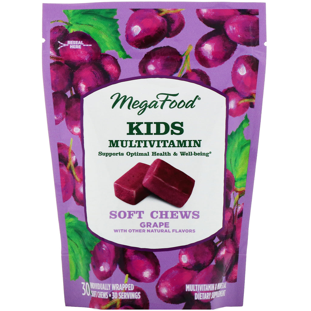 MegaFood, Kids Multivitamin Soft Chews, Grape, 30 Individually Wrapped Soft Chews