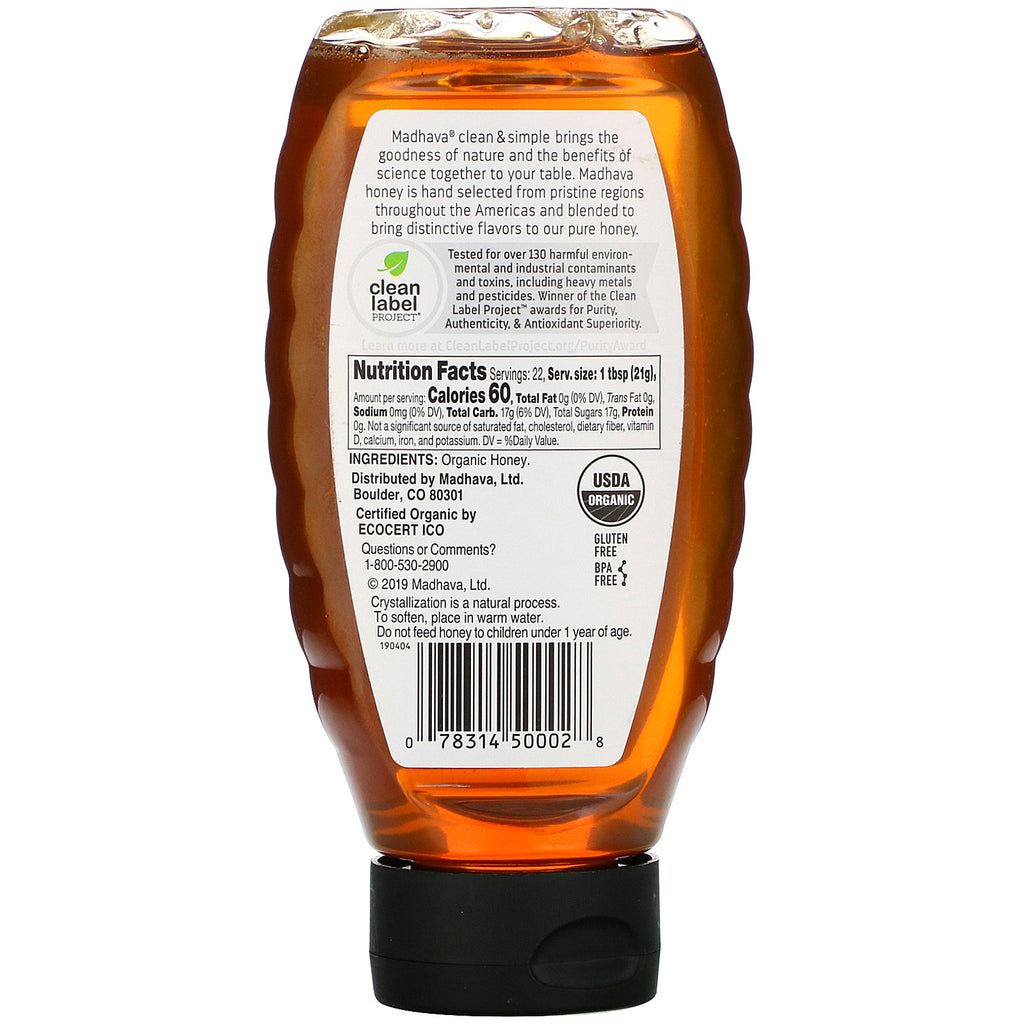 Madhava naturlige sødemidler, gylden honning, ufiltreret, 16 oz (454 g)