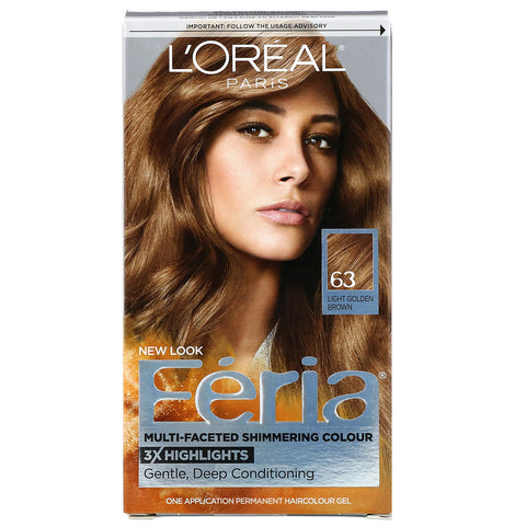 L'Oreal, Feria, Multi-Faceted Shimmering Color, 63 Light Golden Brown, 1 Application