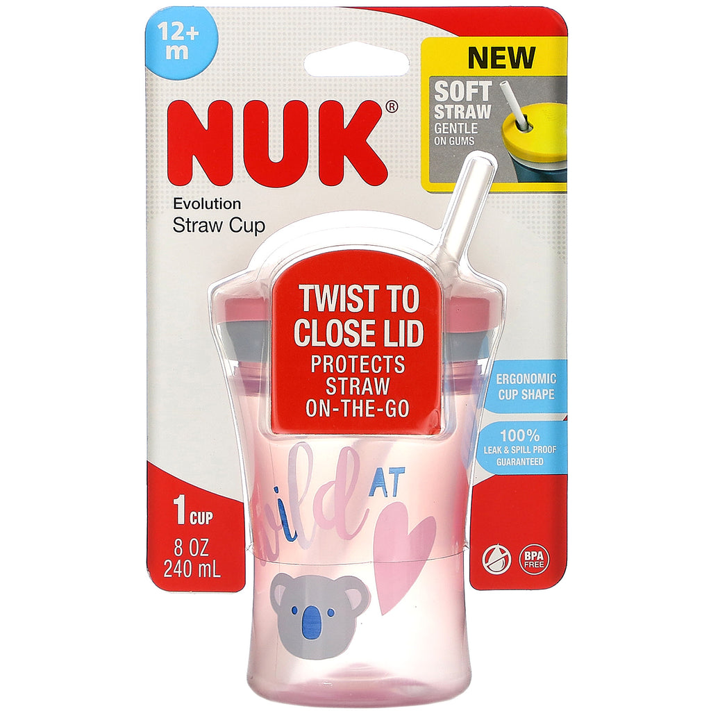 NUK, Evolution Straw Cup, Pink, 12+ måneder, 1 kop, 8 oz (240 ml)