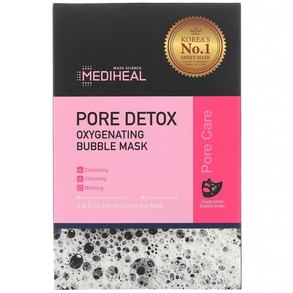 Mediheal, Pore Detox, mascarilla de burbujas oxigenante, 5 hojas, 0,60 fl oz (18 ml) cada una