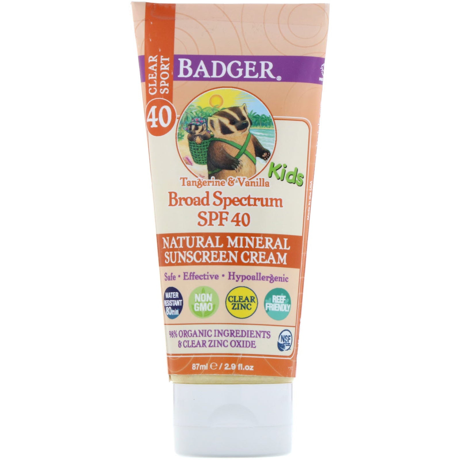 Badger Company, Clear Sport, Kids, Natural Mineral Sunscreen Cream, SPF 40, Tangerine & Vanilla, 2.9 fl oz (87 ml)