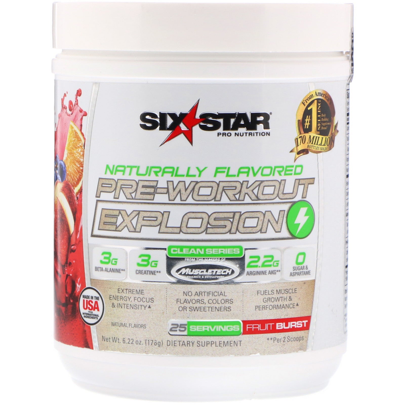 Six Star, Naturally Flavored Pre-Workout Explosion, Fruit Burst, 6.22 oz (176 g)