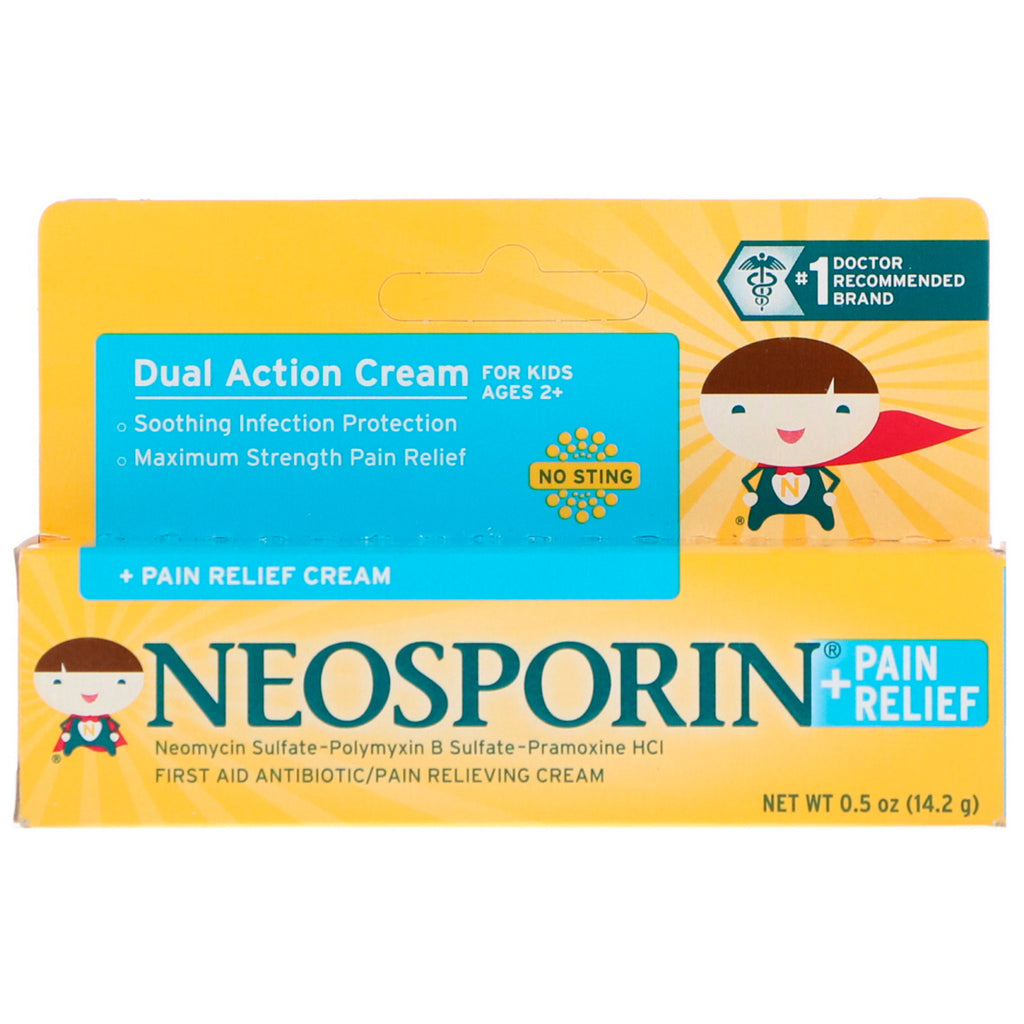 Neosporin, Crema de doble acción, Crema para aliviar el dolor, Para niños a partir de 2 años, 0,5 oz (14,2 g)