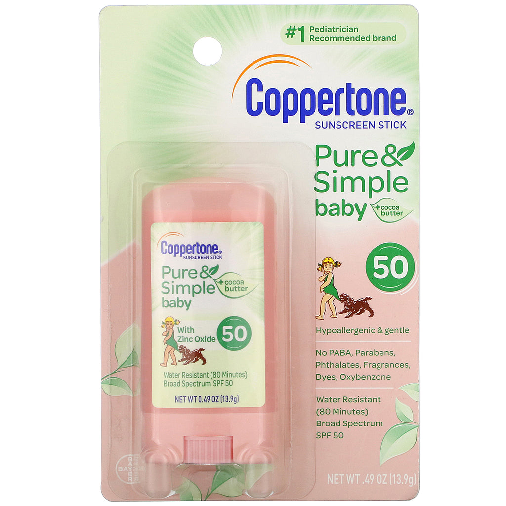 Coppertone, Baby, Pure &amp; Simple, Sunscreen Stick, SPF 50, Kakaosmør, 0,49 oz (13,9 g)