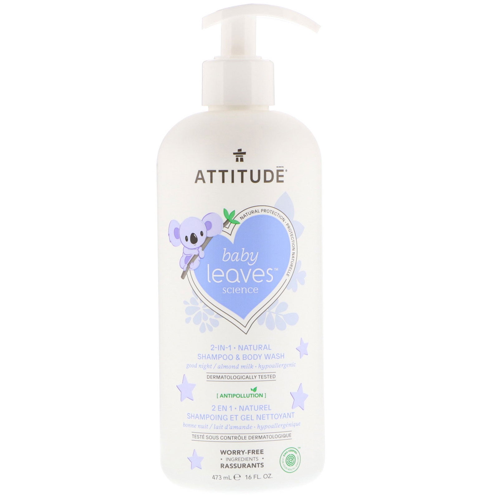 ATTITUDE, Baby Leaves Science, 2-In-1 Natural Shampoo & Body Wash, Almond Milk, 16 fl oz (473 ml)