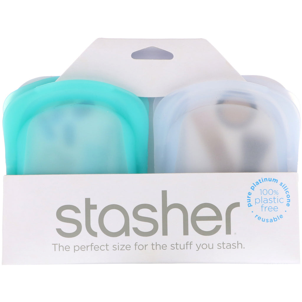 Stasher, Reusable Silicone Pocket, Clear & Aqua, 2 Pack, 4 oz (42 g) Each