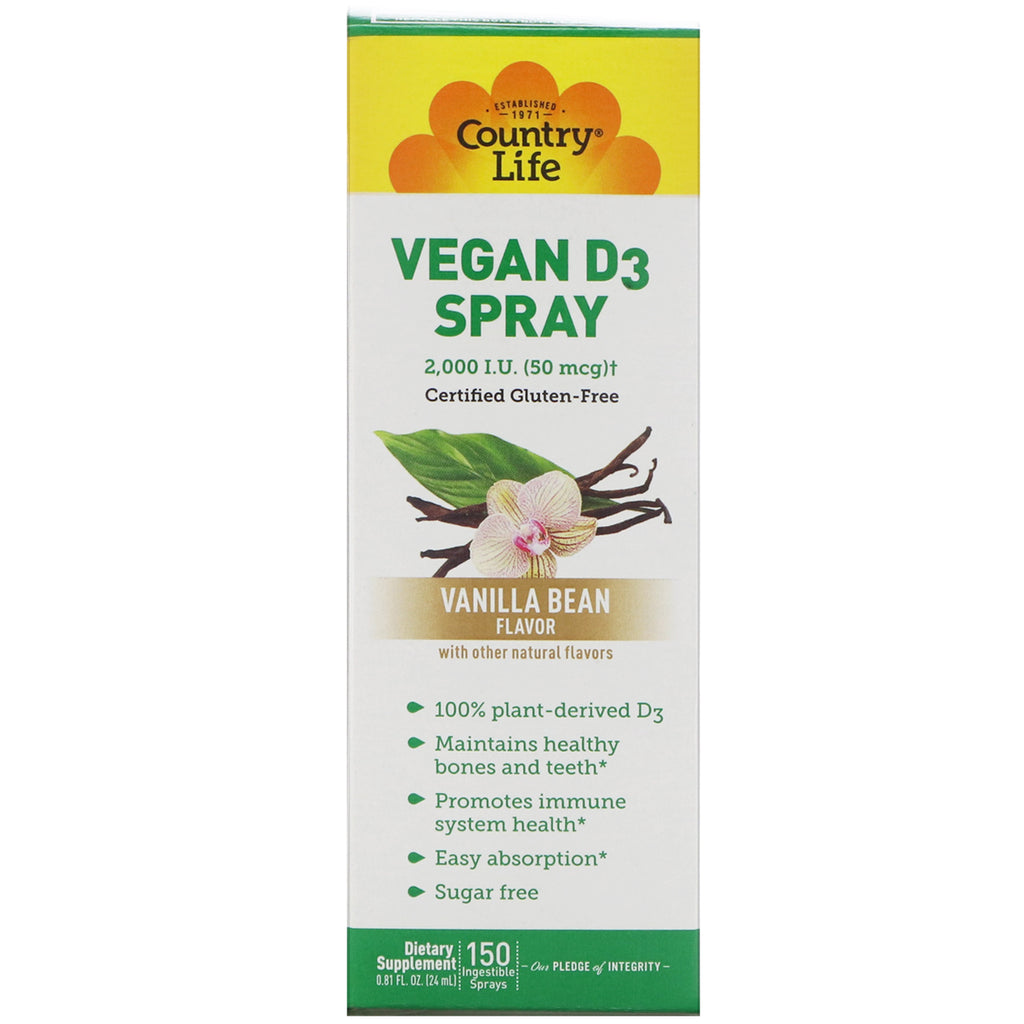 Country Life, Spray de vitamina D3, vainilla, 50 mcg (2000 UI), 150 aerosoles ingeribles, 0,81 fl oz (24 ml)