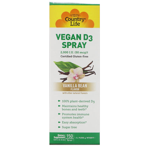 Country Life, vitamin D3 spray, vaniljestang, 50 mcg (2.000 IE), 150 indtagelige sprays, 0,81 fl oz (24 ml)
