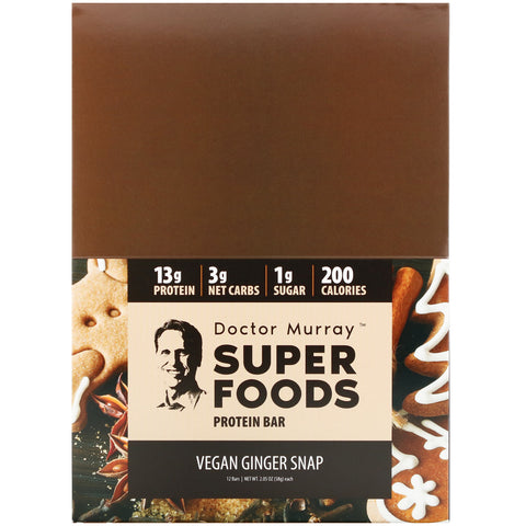 Dr. Murray's, Barras de proteínas Superfoods, jengibre vegano, 12 barras, 2,05 oz (58 g) cada una