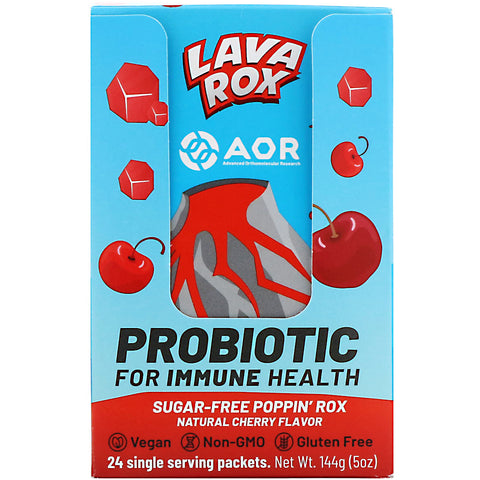 Avanceret ortomolekylær forskning AOR, Lava Rox, probiotisk for immunsundhed, naturlig kirsebærsmag, 24 pakker, 0,2 oz (6 g) hver