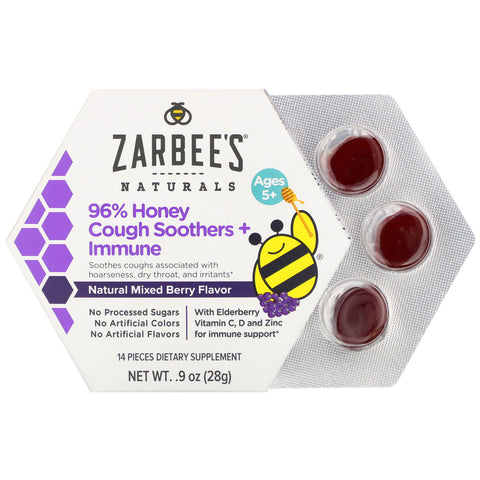 Zarbee's, calmantes para la tos con 96 % miel y apoyo inmunológico, sabor natural a bayas mixtas, a partir de 5 años, 14 piezas