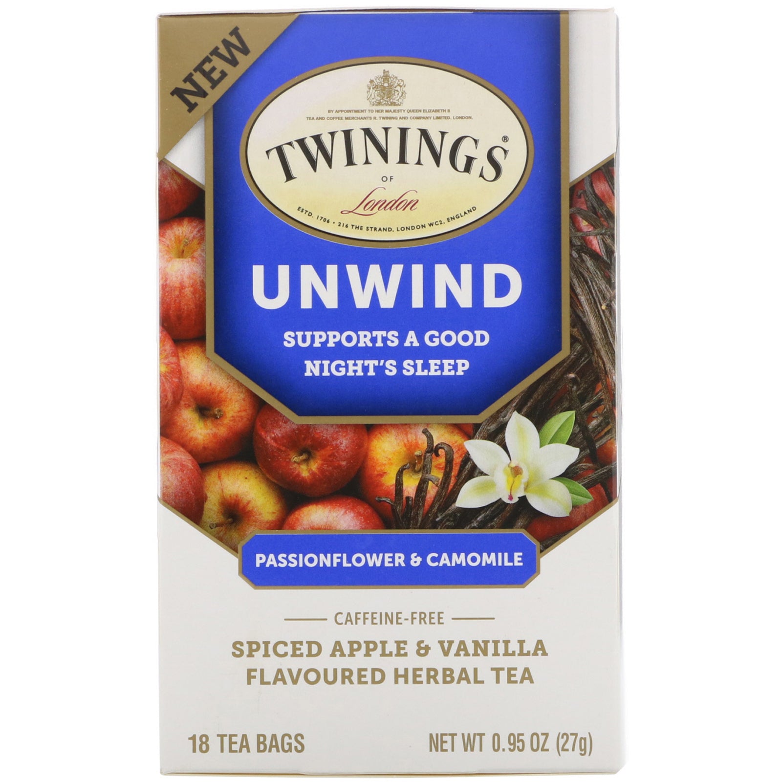 Twinings, Unwind Herbal Tea, Passionflower & Chamomile, Spiced Apple & Vanilla, Caffeine Free, 18 Tea Bags, 0.95 oz (27 g)