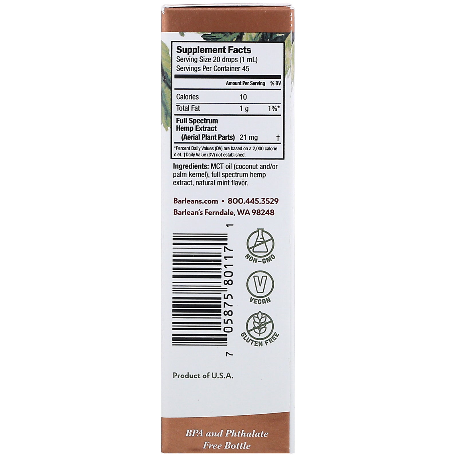 Barlean's, Full Spectrum Hemp Extract, Natural Mint, 21 mg, 1.5 fl oz (45 ml)