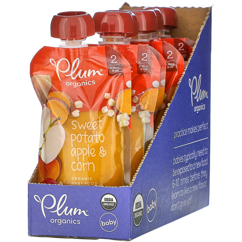 Plum Organics, Organic Baby Food, 6 Months & Up, Sweet Potato, Apple & Corn, 6 Pouches, 4 oz (113 g) Each