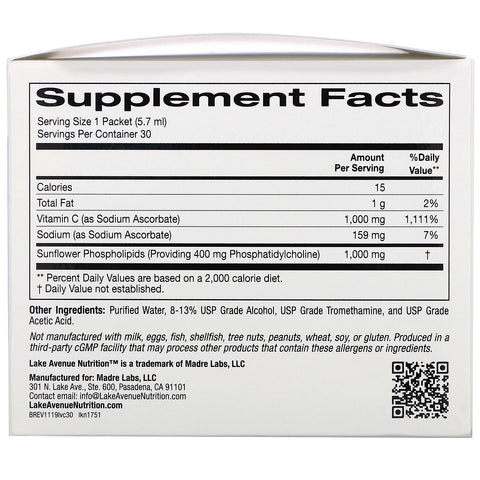 Lake Avenue Nutrition, Liposomal C-vitamin, uden smag, 1.000 mg, 30 pakker, 0,2 oz (5,7 ml) hver