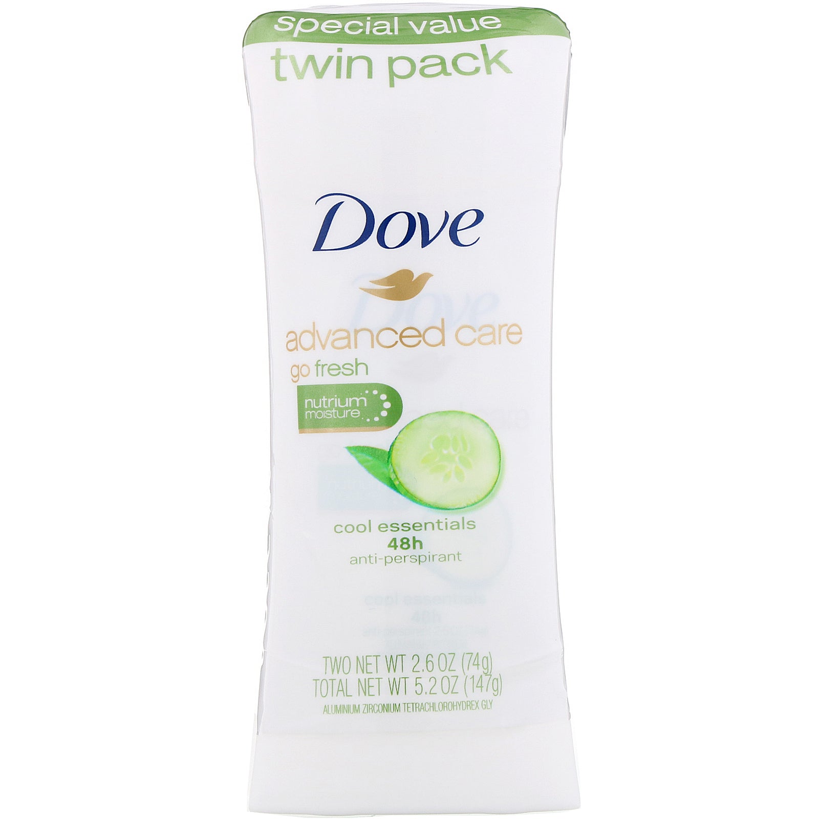Dove, Advanced Care, Go Fresh, Anti-Perspirant Deodorant, Cool Essentials, 2 Pack, 2.6 oz (74 g) Each