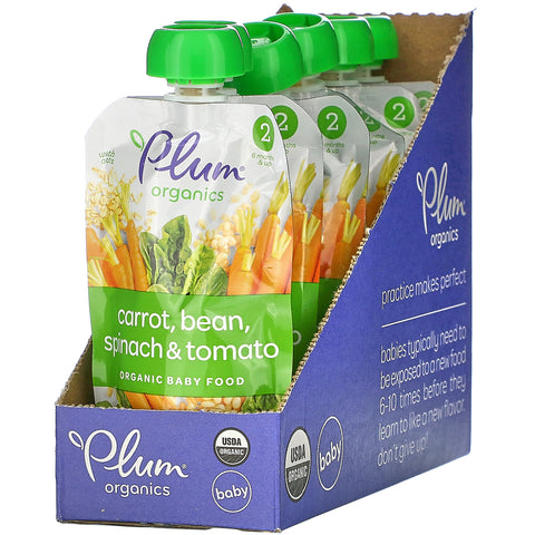 Plum Organics, Organic Baby Food, 6 Months & Up, Carrot, Bean, Spinach & Tomato, 6 Pouches, 3.5 oz (99 g) Each