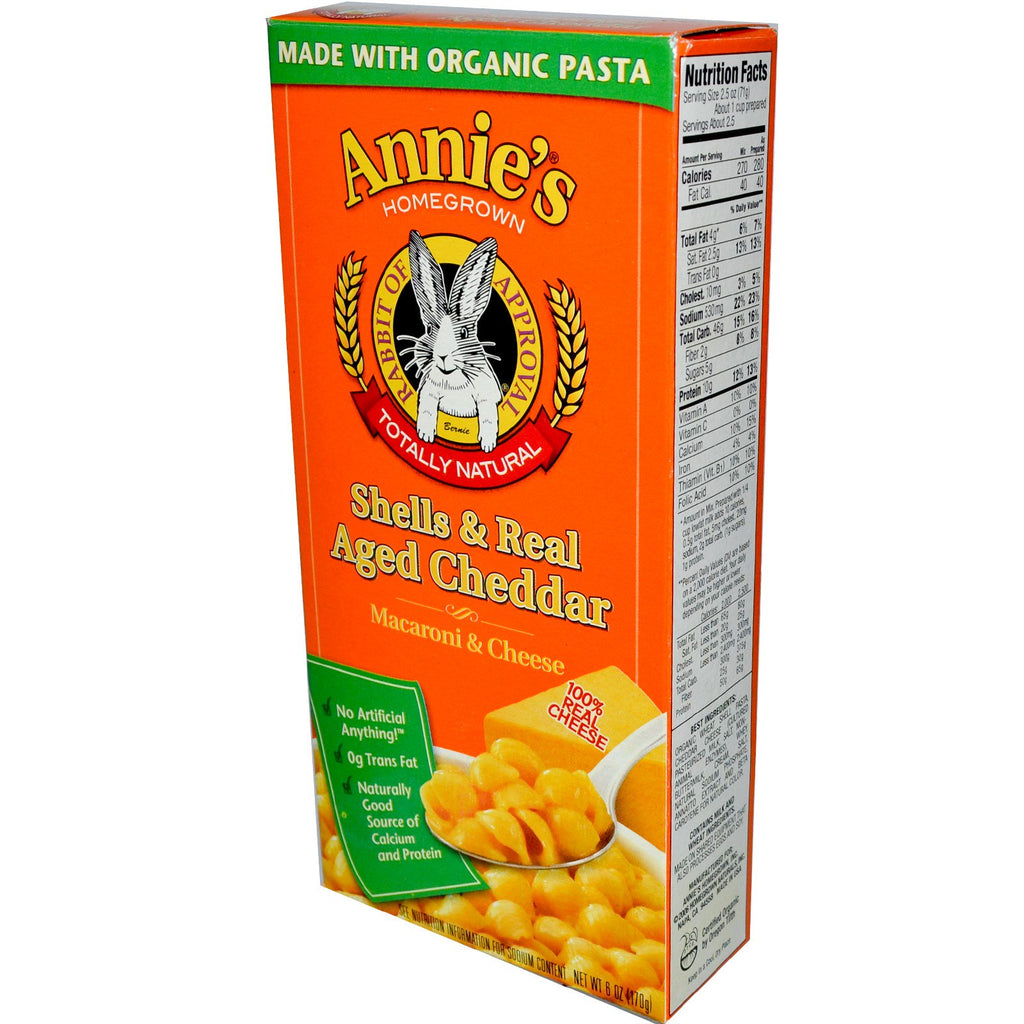 Annie's Homegrown, macarrones con queso, conchas y queso cheddar añejo real, 6 oz (170 g)