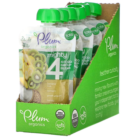 Plum Organics, Mighty 4, 4 Food Group Blend, Tots, Banana, Kiwi, Spinach, Greek Yogurt, Barley, 6 Pouches, 4 oz (113 g) Each