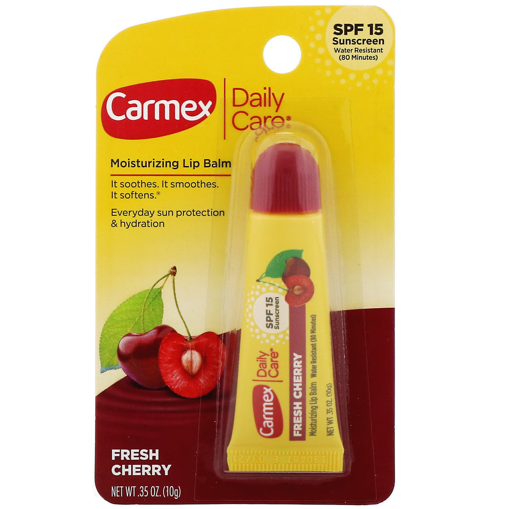 Carmex, Cuidado diario, bálsamo labial hidratante, cereza fresca, SPF 15, 10 g (0,35 oz)