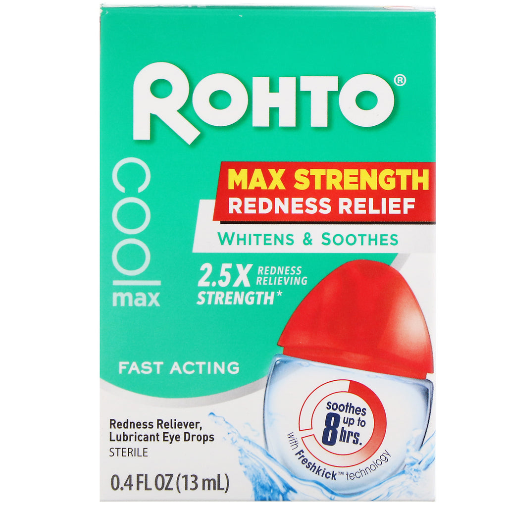 Rohto, Gotas refrescantes para los ojos, alivio del enrojecimiento de máxima potencia, 0,4 fl oz (13 ml)