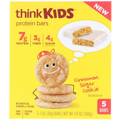 ThinkThin, ThinkKids, Protein Bars, Cinnamon Sugar Cookie, 5 Bars, 1 oz (28 g) Each