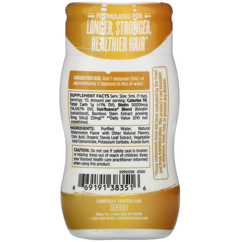 Zhou Nutrition, Hairfluence, Næringsinfunderet Vand Enhancer, Vandmelon, 1,69 fl oz (50 ml)