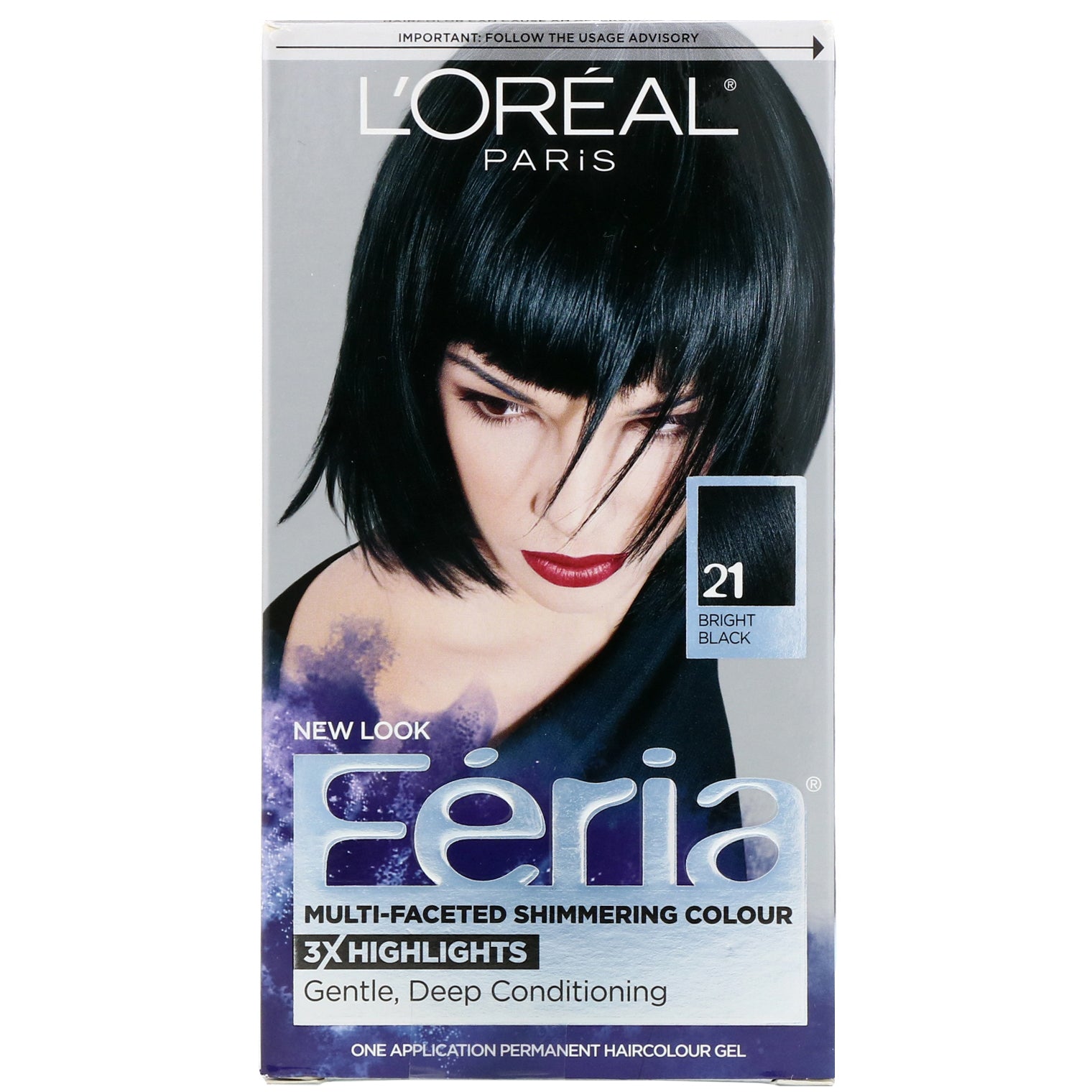 L'Oreal, Feria, Multi-Faceted Shimmering Color,  21 Bright Black, 1 Application