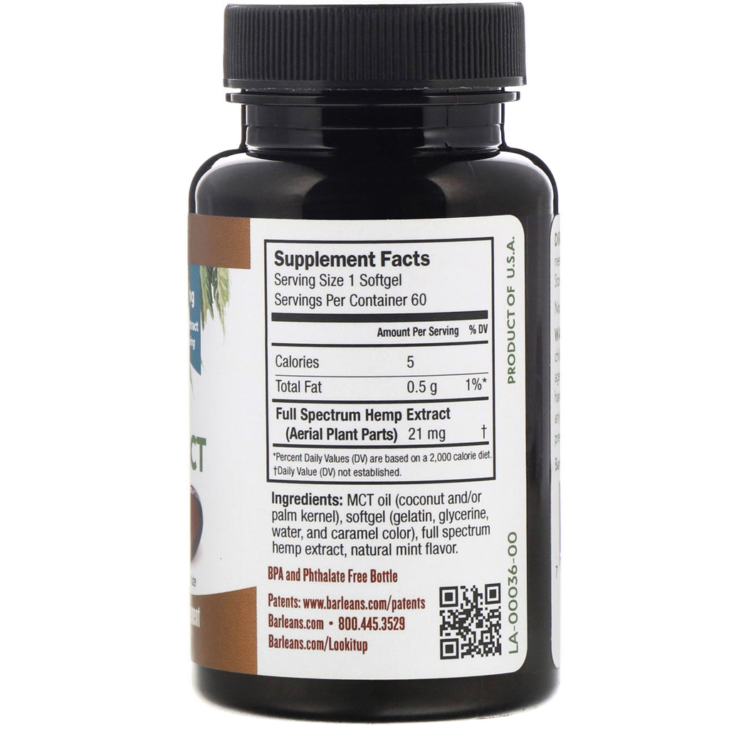 Barlean's, extracto de cáñamo de espectro completo, 21 mg, 60 cápsulas blandas