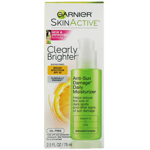Garnier, SkinActive, Clearly Brighter, humectante diario anti-daños solares, SPF 30, 2,5 fl oz (75 ml)