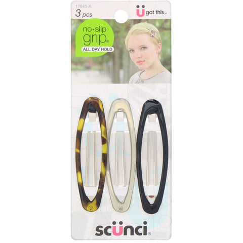 Scunci, No Slip Grip Oval Clip, All Day Hold, Assorted Colors, 3 Pieces