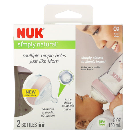 NUK, Simply Natural Baby Bottles, Slow Flow, 0 + måneder, 2 flasker, 5 oz (150 ml)