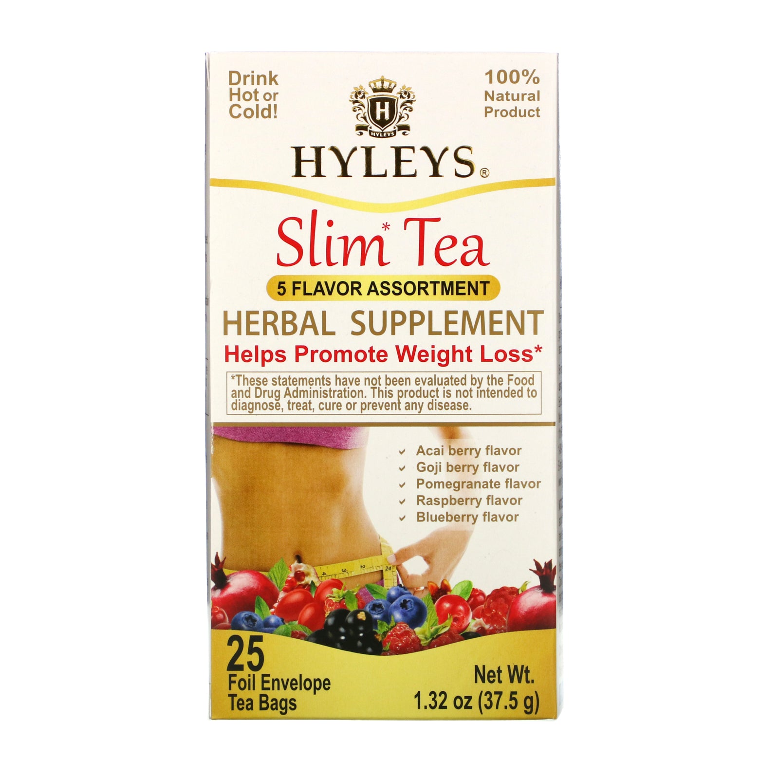 Hyleys Tea, Slim Tea, 5 Flavor Assortment, 25 Foil Envelope Tea Bags, 1.32 oz (37.5 g)