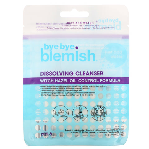 Bye Bye Blemish, Dissolving Cleanser, Witch Hazel Oil-Control Formula, 50 Sheets, 0.01 oz (0.3 g)