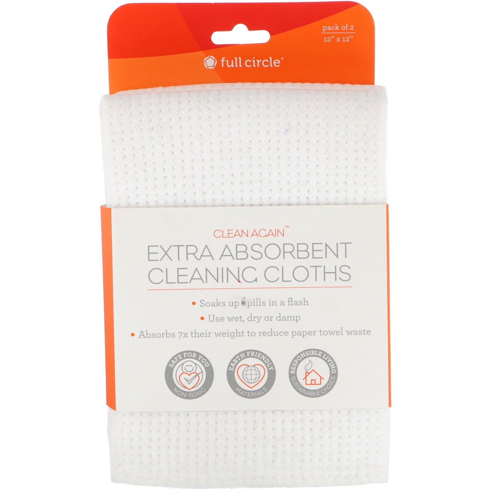 Full Circle, Clean Again, Extra Absorbing Cleaning Cloths, 2 Pack, 12" x 12" Each