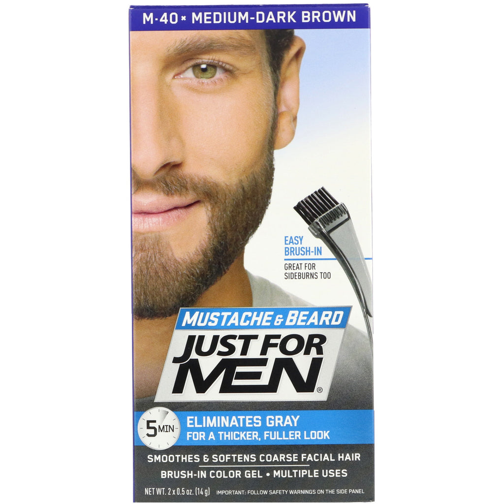 Just for Men, Mustache & Beard, Brush-In Color Gel, Medium-Dark Brown M-40, 2 x 0.5 oz (14 g)