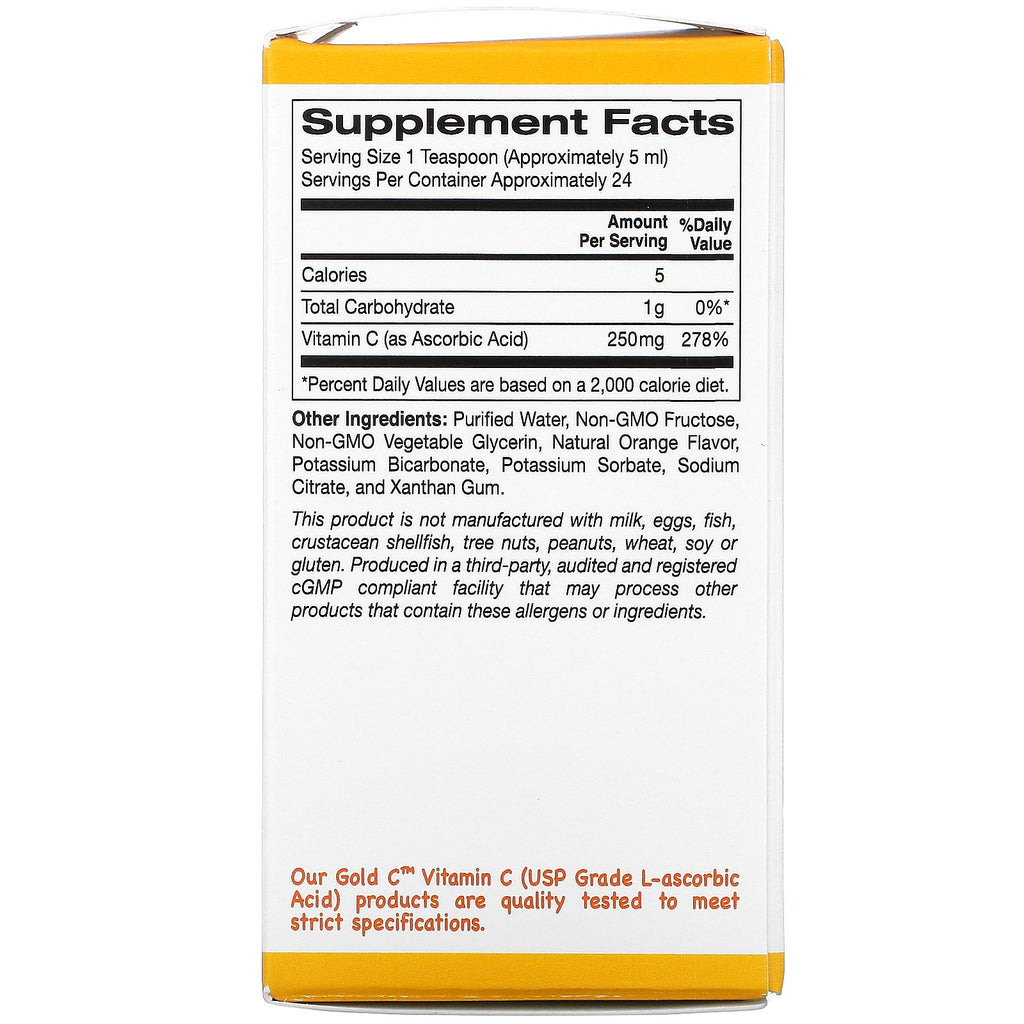 California Gold Nutrition, Vitamina C líquida dorada para niños, grado USP, sabor a tarta de naranja, 4 fl oz (118 ml)