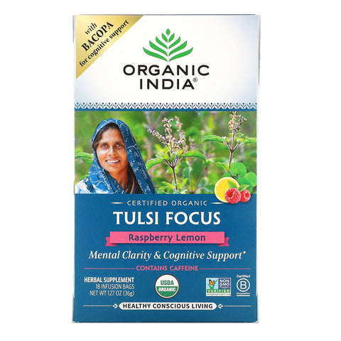 Organic India, Tulsi Tea, Focus, Raspberry Lemon, 18 Infusion Bags, 1.27 oz (36 g)
