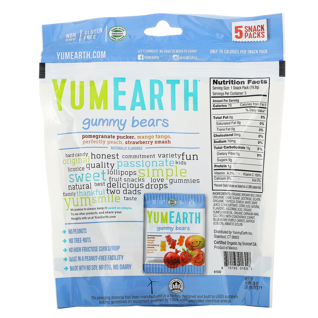 YumEarth, Ositos de goma, sabores variados, 5 paquetes de refrigerios, 19,8 g (0,7 oz) cada uno