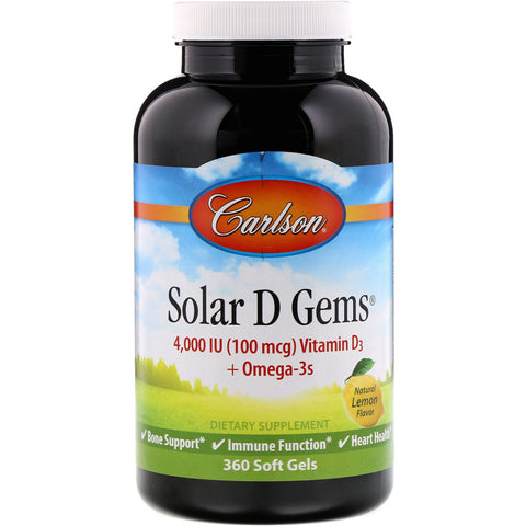 Carlson Labs, Solar D Gems, Natural Lemon Flavor, 100 mg (4,000 IU), 360 Soft Gels