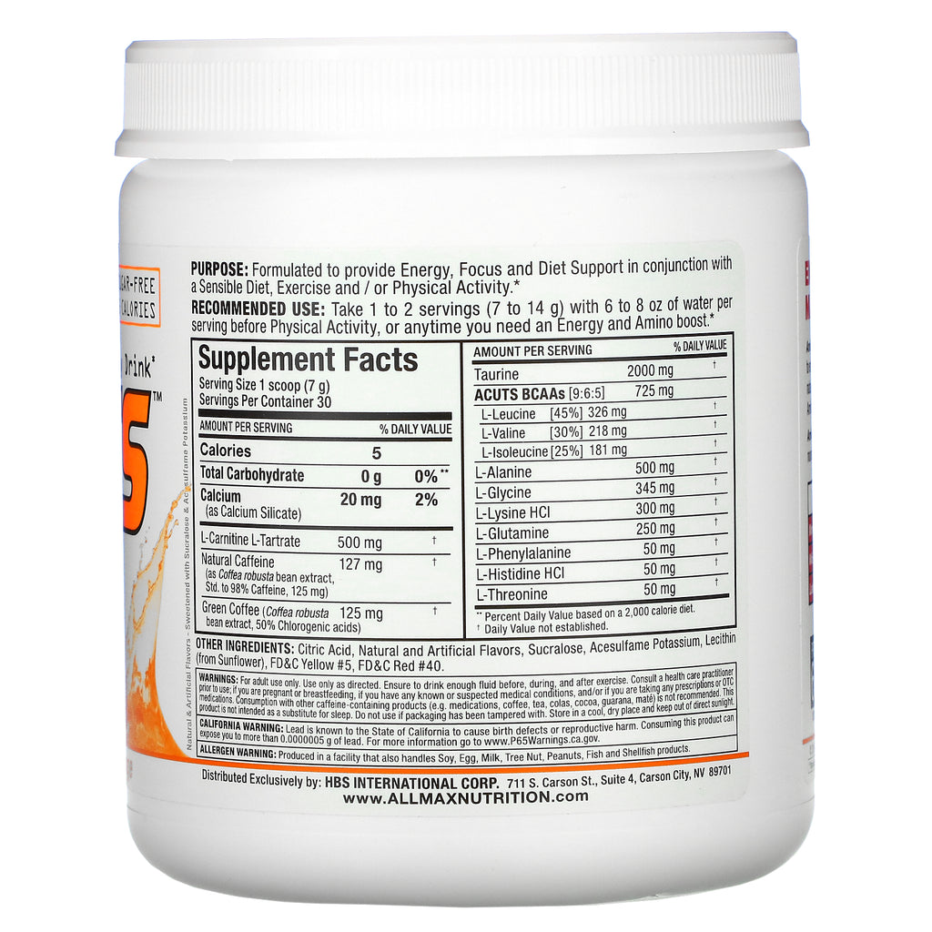 ALLMAX Nutrition, ACUTS, bebida energética cargada de aminoácidos, naranja, 210 g (7,4 oz)